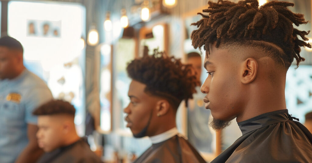 Barbershop scene illustrating various levels of the black men's hairstyle maintenance tier list, featuring men with different styles from short fades to longer textured cuts.