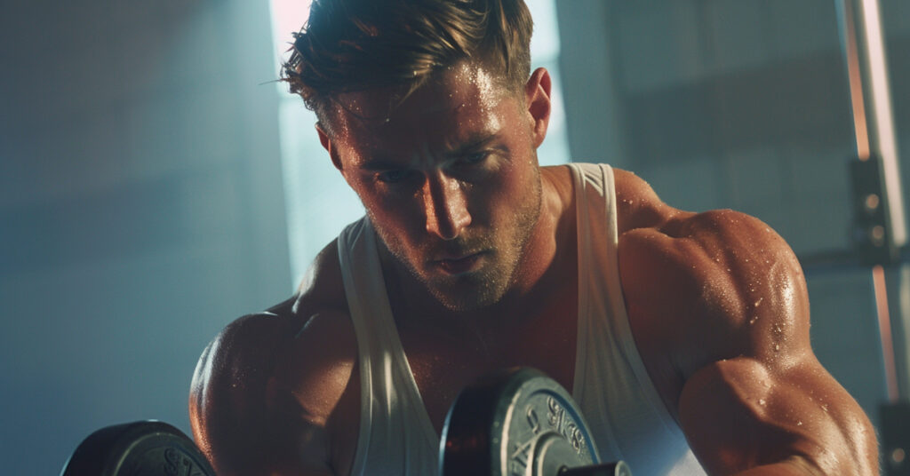 A muscular man with a focused expression performs a bicep curl using a dumbbell. He's wearing a white tank top and is covered in sweat, emphasizing the intensity of his workout. The image has dramatic lighting, highlighting his defined muscles and the effort he's exerting during the bicep curl exercise