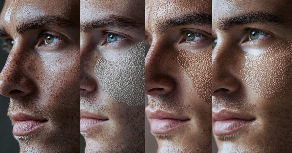 Four men demonstrating different skin types and matching face masks