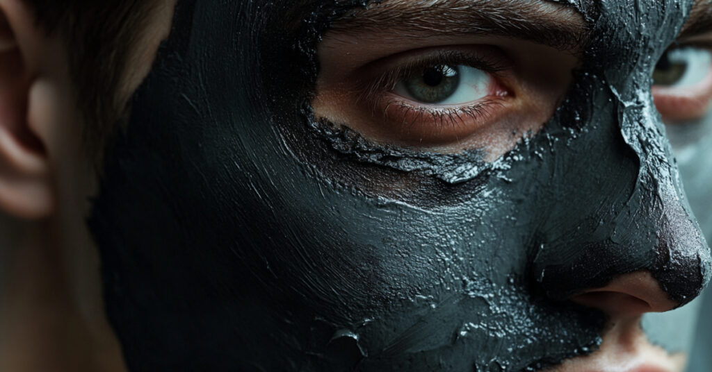 Man peeling off charcoal face mask, revealing brighter skin