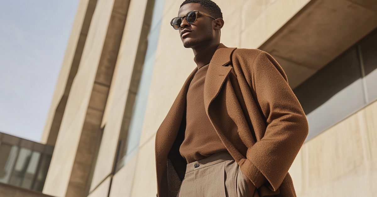 A man models oversized earth-tone coat and relaxed tailored pants, showcasing fall fashion trends