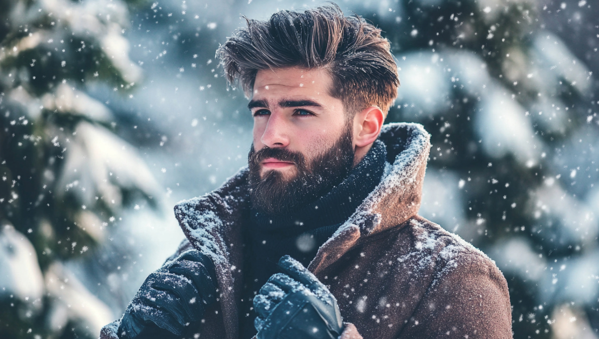 Stylish man in winter coat, showcasing well-groomed beard, healthy skin, and styled hair