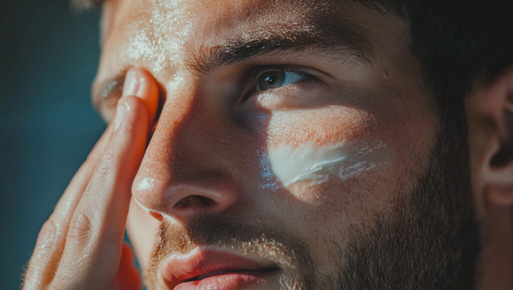 Man applying moisturizer, highlighting winter grooming hydration importance, rich texture, satisfied expression