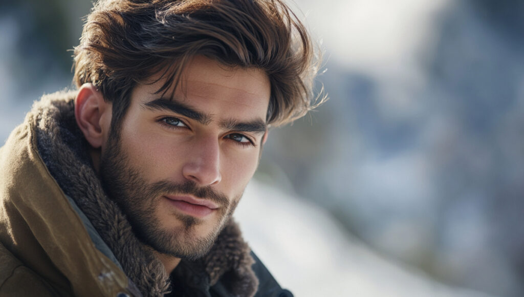 Man with well-groomed hair, showcasing winter grooming hair care benefits, healthy shine, cold background