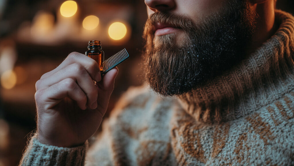 Man trimming and conditioning beard, illustrating winter grooming steps, tools, and cozy setting.