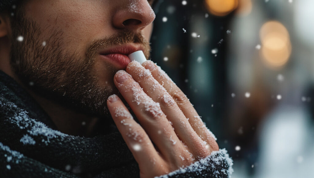 Man applying lip balm and hand cream, emphasizing winter grooming protection for lips and hands