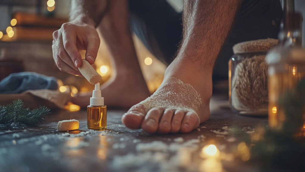 Man exfoliating feet and applying nail oil, highlighting simple winter grooming self-care treatments