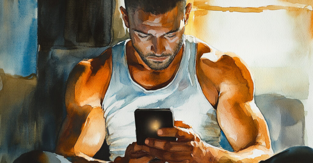  Focused on his Holiday Fitness goals, a man in gym attire carefully reviews his fitness app, planning his workout strategy to stay on track during the holiday season.