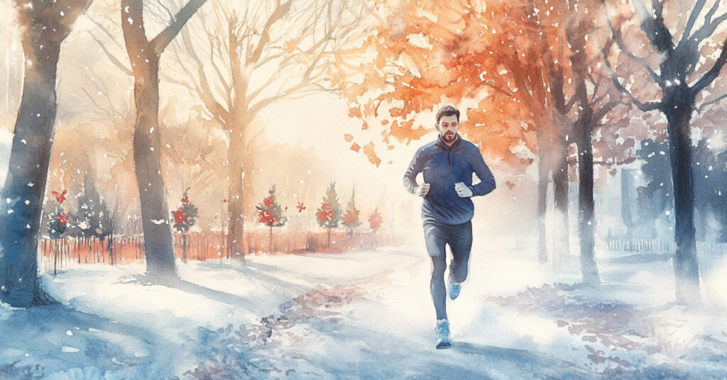 Committed to Holiday Fitness, a young man jogs through a frosty park at dawn, passing holiday decorations and demonstrating the importance of maintaining an exercise routine during the festive season.