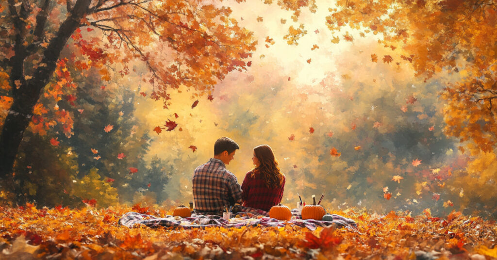 A couple enjoying fall date ideas, painting pumpkins together on a picnic blanket surrounded by autumn leaves and colorful trees.