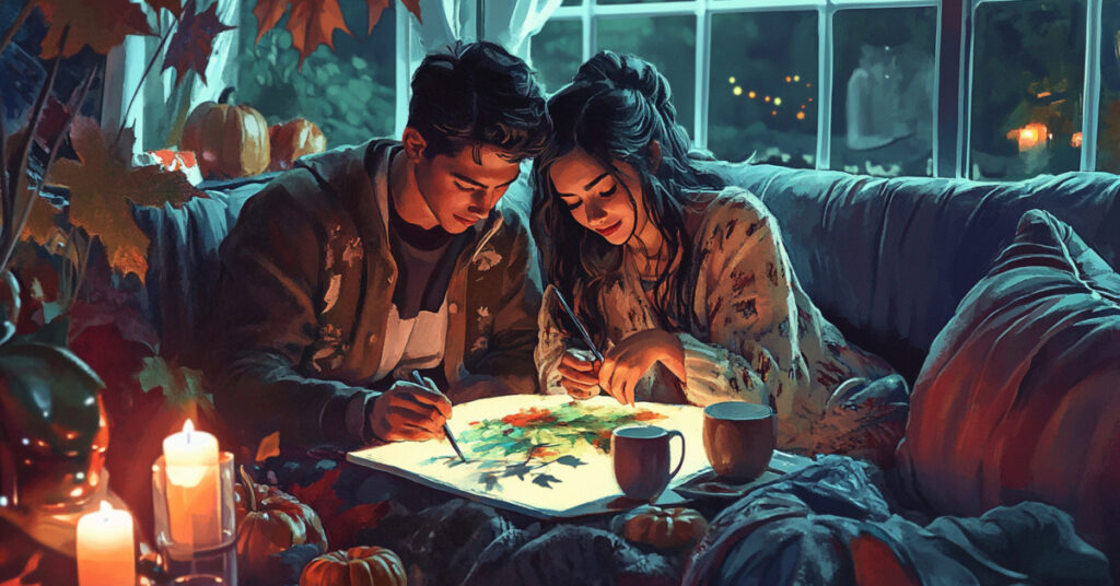 Romantic indoor scene of a couple cuddling on a couch, painting together with candles and fall decor around them.