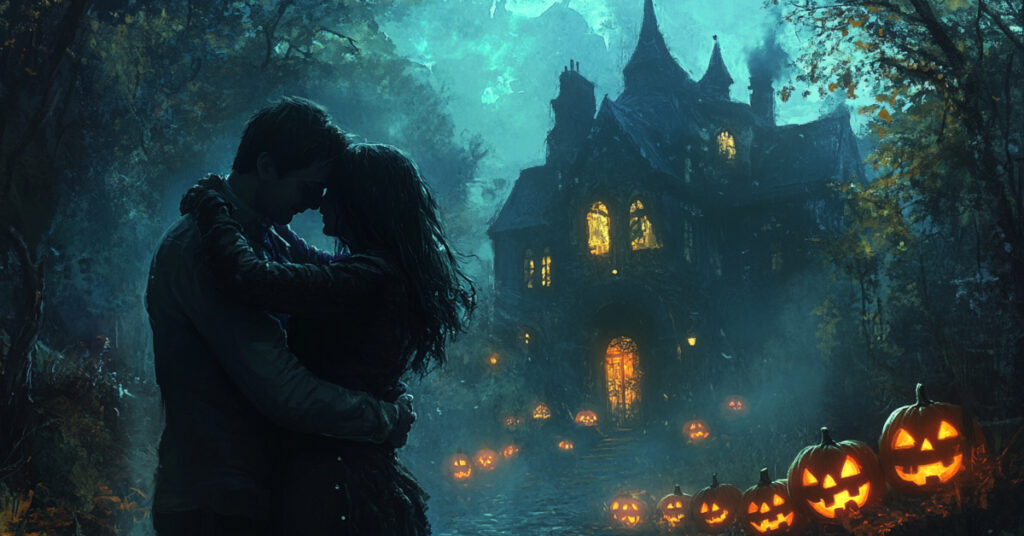 Couple in Halloween costumes at a haunted house entrance, embracing as part of their fall date ideas adventure.