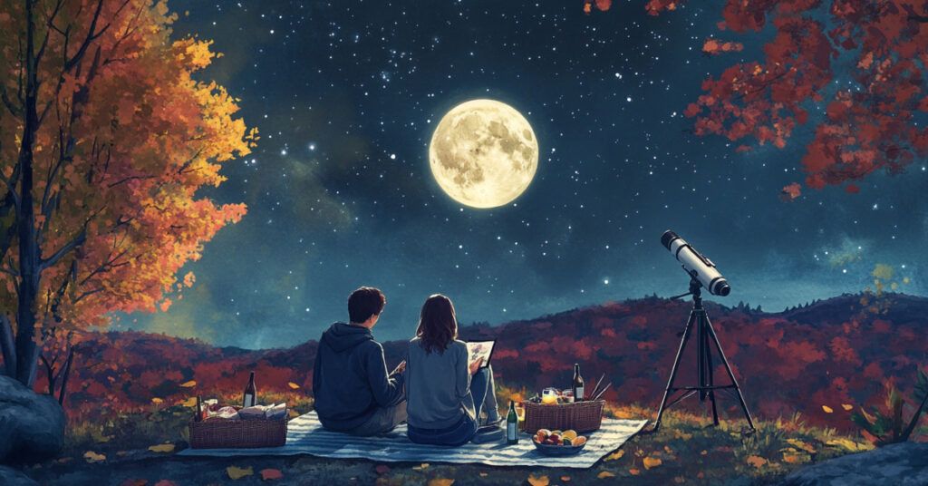 Stargazing couple on a hilltop, painting the night sky view with watercolors and a telescope nearby.