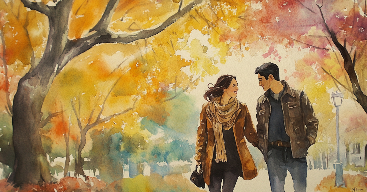 Watercolor painting of a young Spanish couple walking in New York City during fall. They're dressed in stylish autumn attire, surrounded by colorful foliage. Central Park's trees frame the scene, capturing the romantic atmosphere of the season