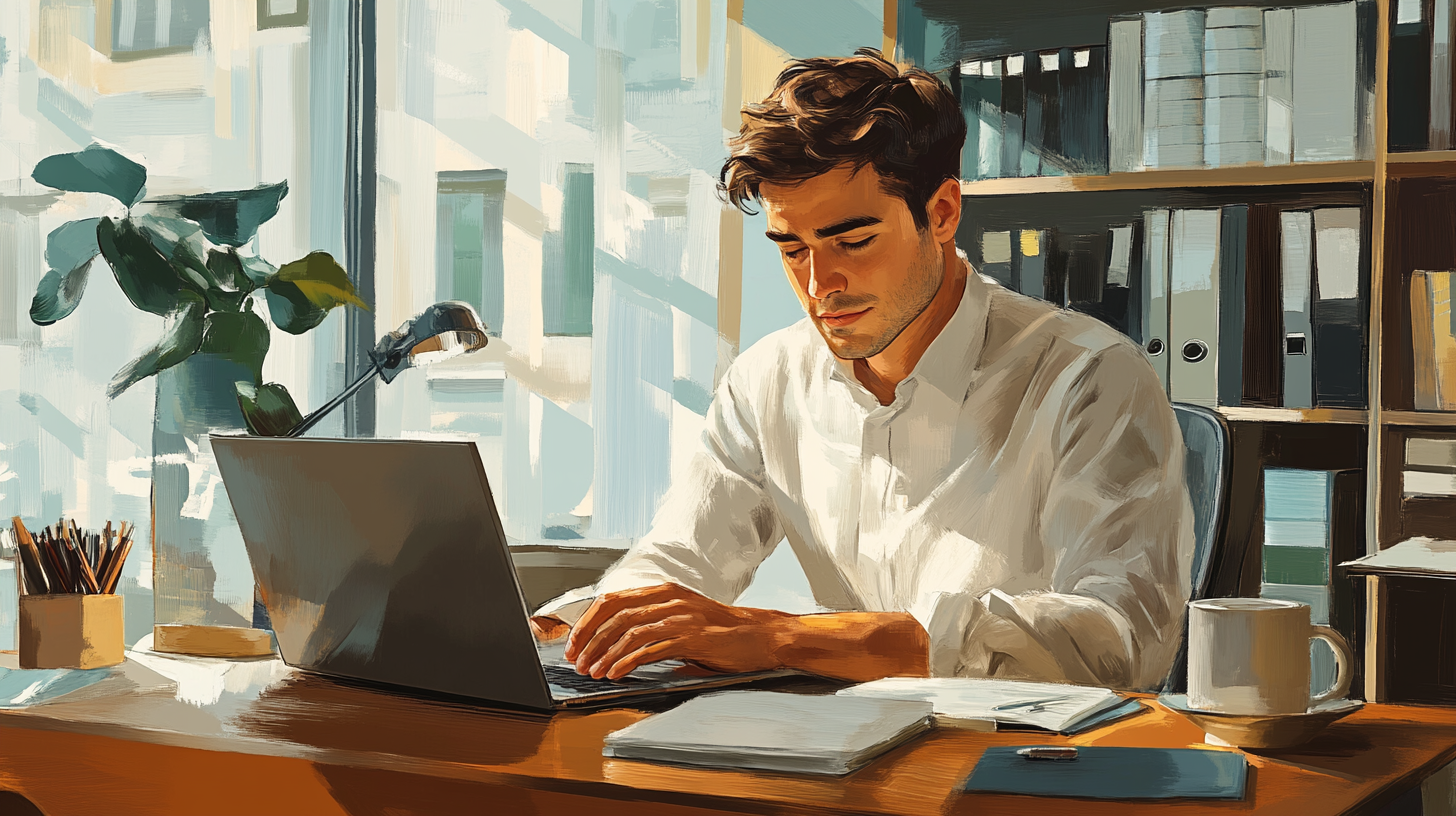 Digital painting of focused young man working in modern office, self-improvement