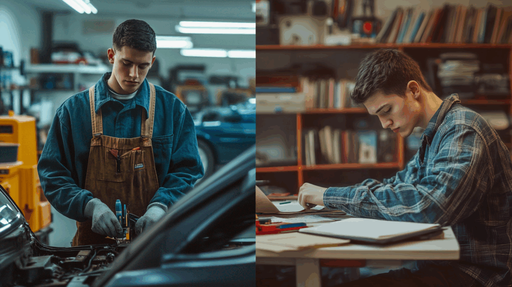 Split image of a teenage boy working on a car in a bright auto shop and another teenage boy studying at a classroom desk, representing the choice between trade school and college after high school.