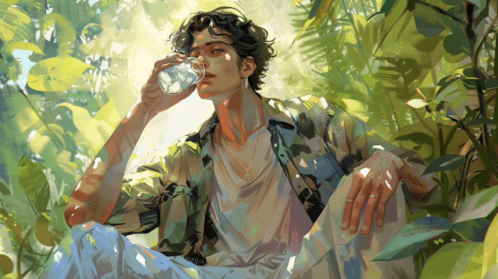 Man in his late 20s sitting outdoors, drinking water in casual summer clothes, painterly digital art highlighting the importance of hydration and healthy habits for a summer glow up
