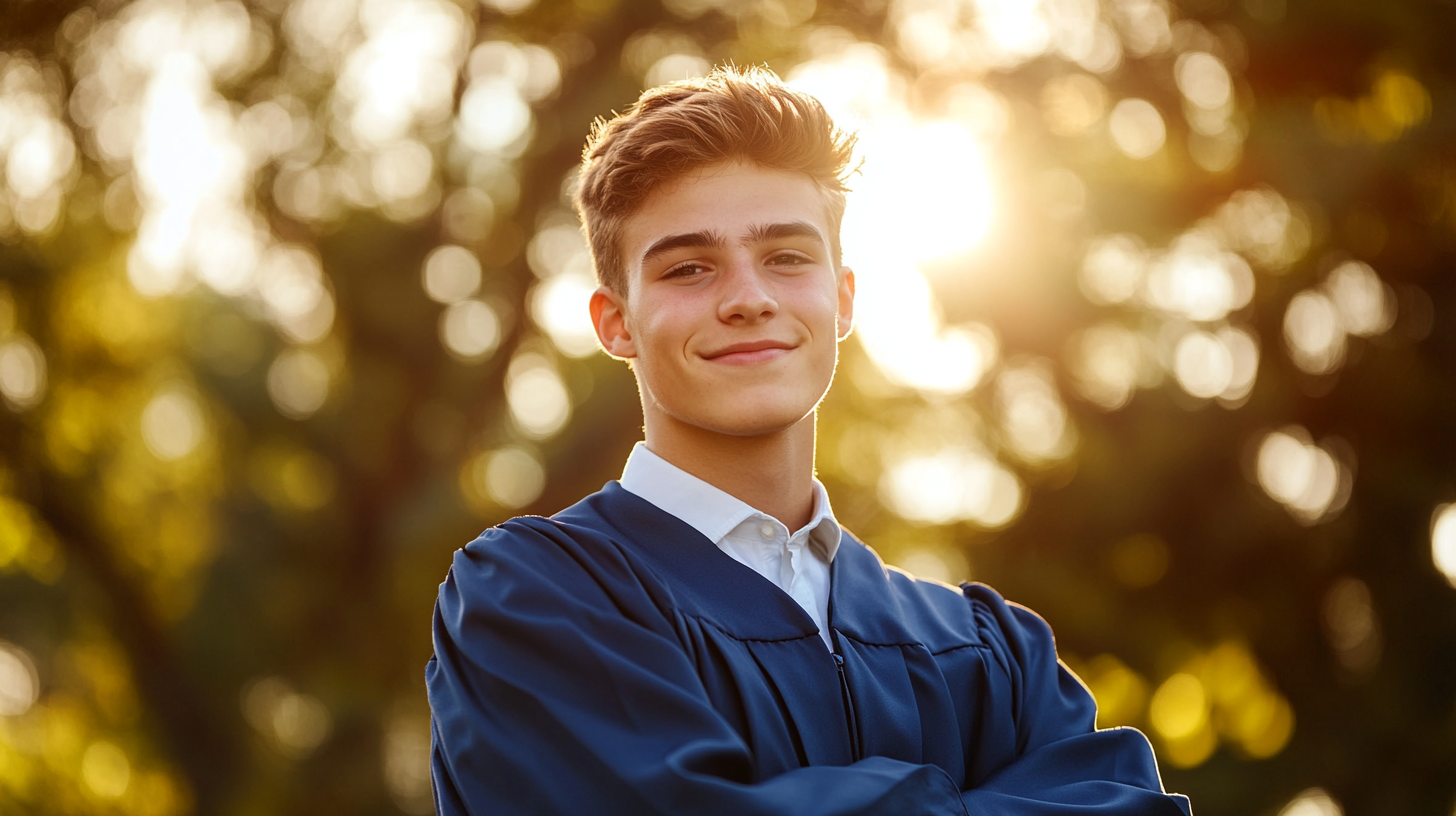 Attractive 18-year-old male high school graduate wearing a navy blue graduation gown in summer, looking confident and hopeful about the future.