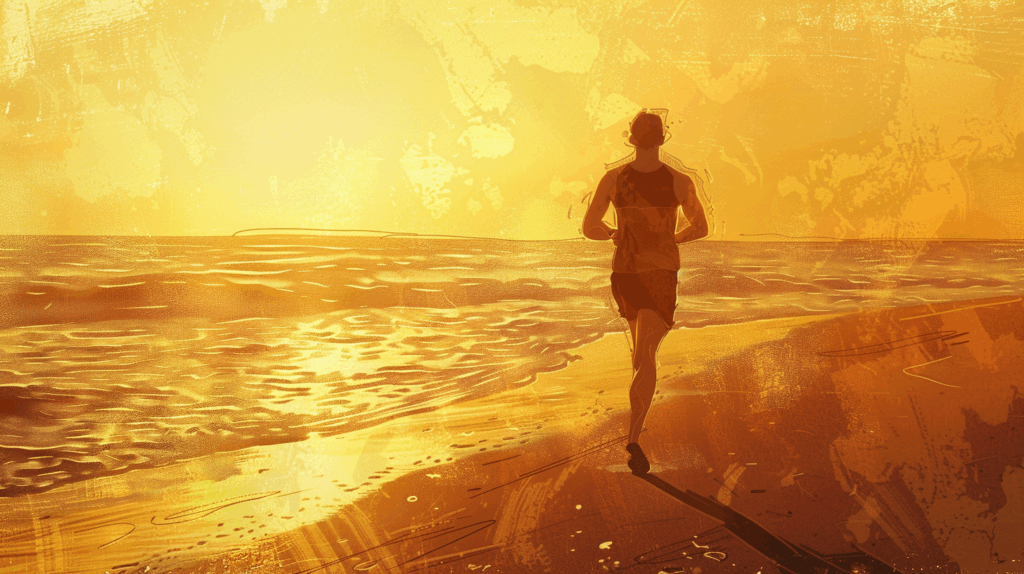 Man in his late 20s working out alone on a calm beach at sunrise, wearing modern gym clothes, painterly digital illustration capturing discipline, inner strength, and healthy summer fitness routines for men