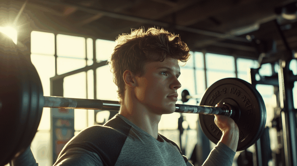 Fit young man in his early twenties lifting weights in a modern gym, focused on fitness and healthy living after high school graduation