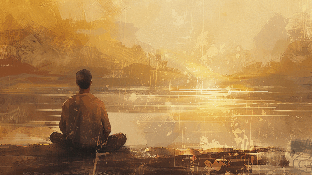 Man in his late 20s meditating or journaling at sunrise, painterly digital art with calm, introspective mood, symbolizing positive mindset, discipline, and personal growth for men