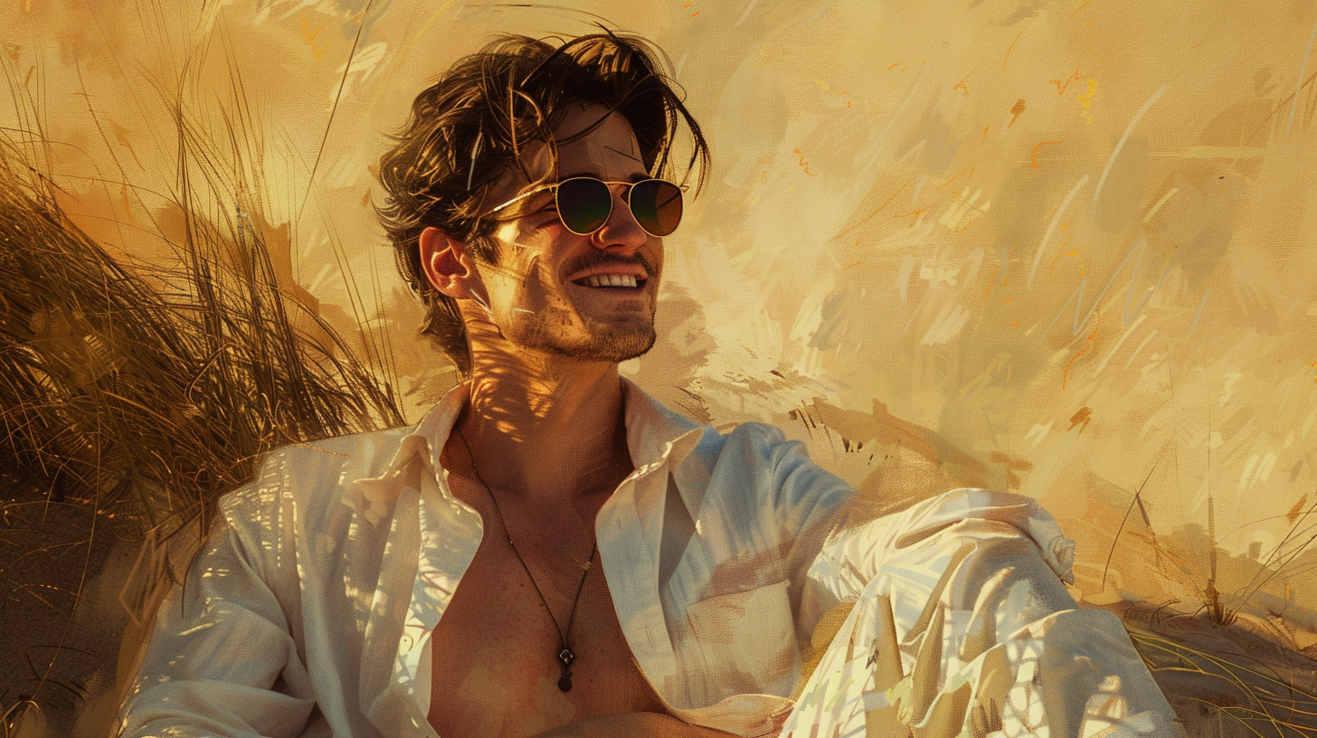 Young man in his late 20s standing confidently on a sunlit beach at golden hour, wearing modern summer fashion and sunglasses, painterly digital illustration symbolizing summer glow up, confidence, and self-improvement for men