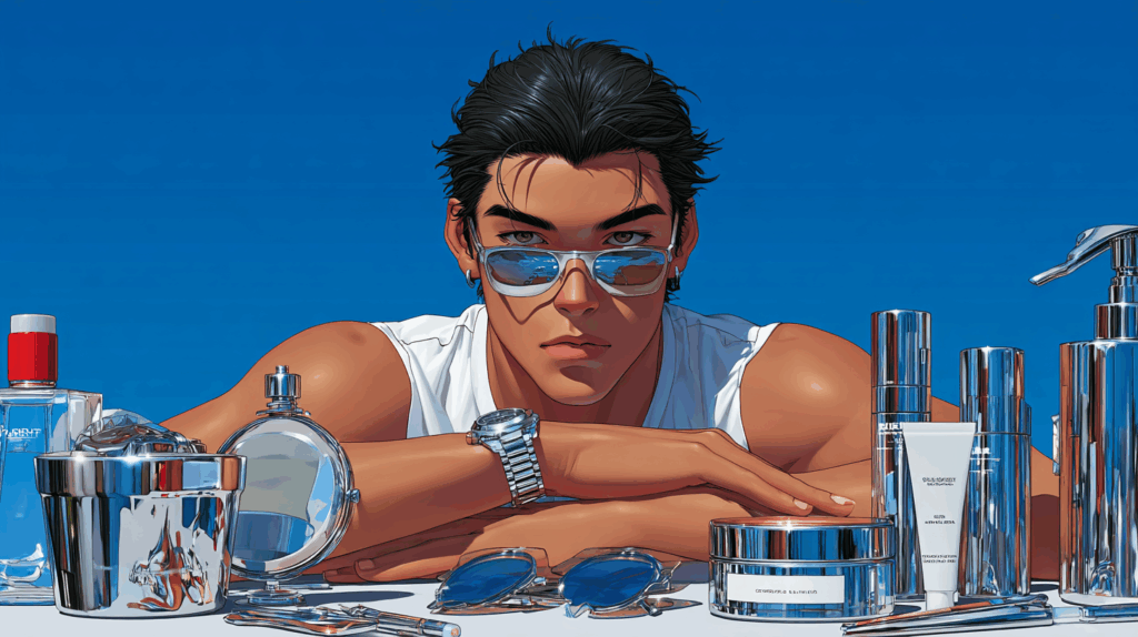 Confident man stepping into bright summer sunlight, surrounded by men’s grooming essentials, showing timeless confidence and summer freshness, modern style,