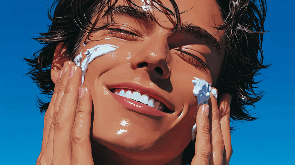 oung man applying lightweight sunscreen outdoors, smiling, with clear skin and summer sun, representing men’s summer grooming essentials 2025, timeless confidence and freshness.