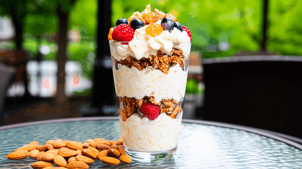 Layered Greek yogurt, berries, granola, and almonds in a glass—refreshing, high-protein summer snack.