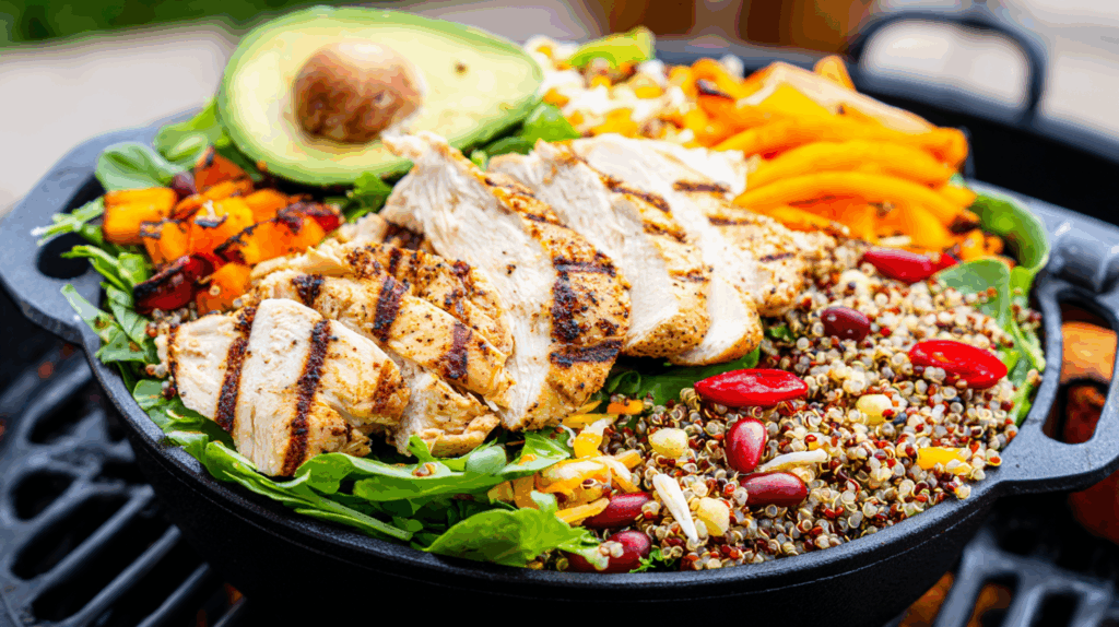 Grilled chicken breast, quinoa, and colorful roasted vegetables in a bowl for a summer meal.