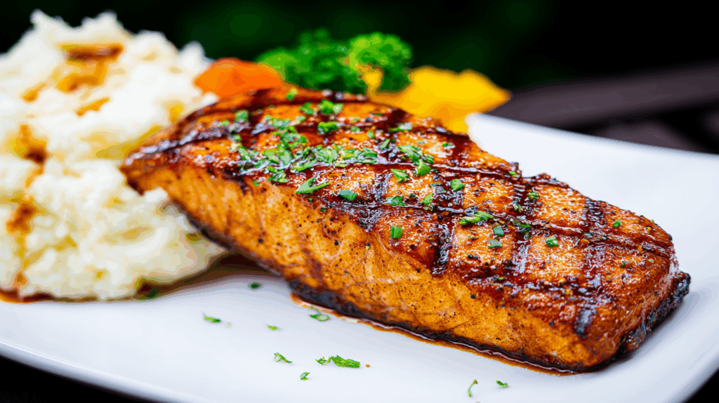 Baked salmon fillet with creamy sweet potato mash and broccoli—nutritious, energizing summer dinner option