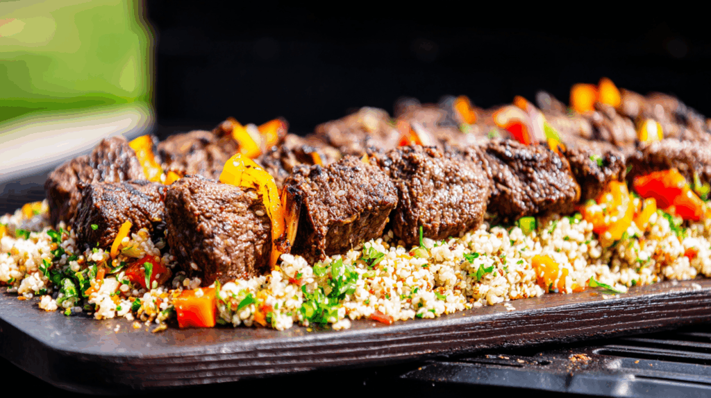 Grilled beef kabobs with colorful veggies and quinoa tabbouleh