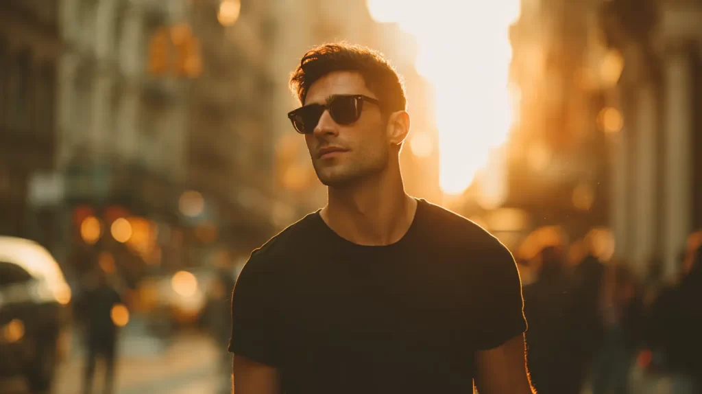 Man wearing classic sunglasses that frame his face, demonstrating how the right shades boost confidence and style