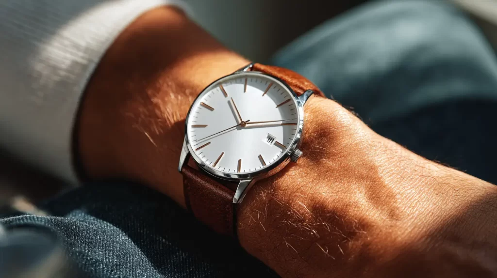 Clean minimal men’s watch on wrist, showing how a simple timepiece instantly upgrades a casual outfit.