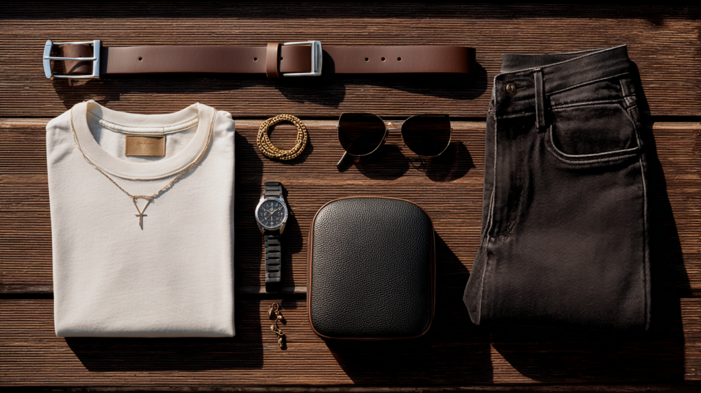 Men’s S tier accessories together: minimal watch and stylish sunglasses that quietly elevate an everyday outfit.