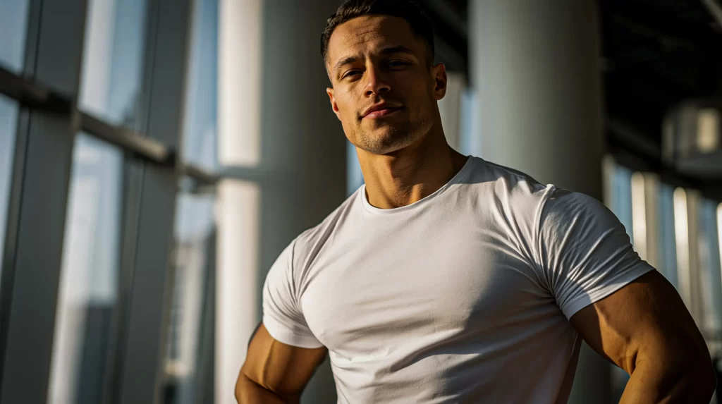 Fit man in white t-shirt showing lean muscle definition in natural gym lighting for summer body recomposition